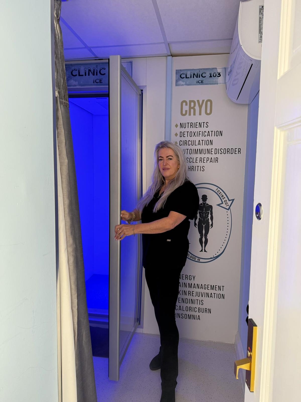 Whole-body cryotherapy chamber at Clinic 103, Harpenden